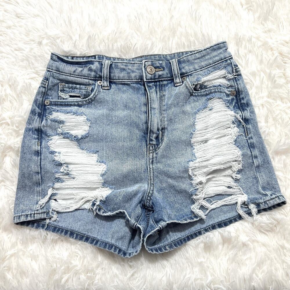 American Eagle Distressed Denim Shorts Light Wash High Rise Stretch Size 0 Y2K